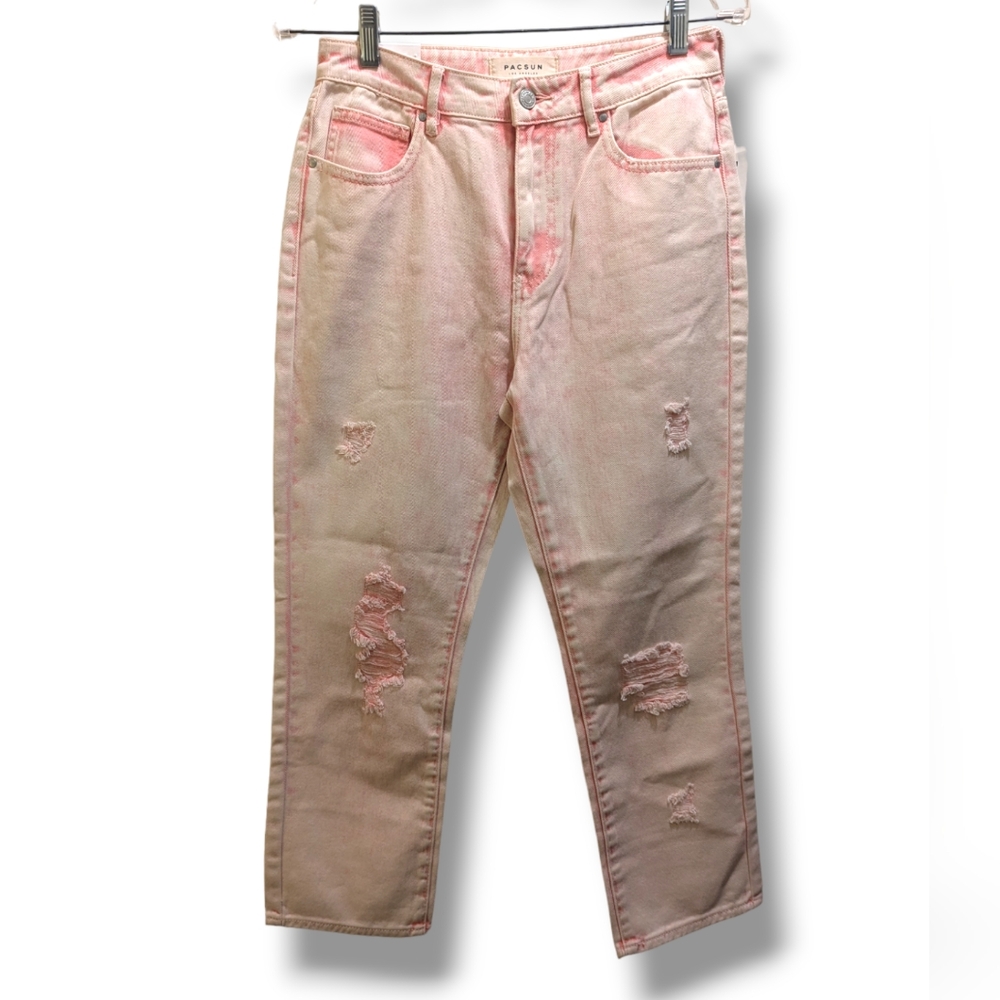 Pacsun Love Me Pink Mom Jeans High Rise Denim Acid Wash Distressed Cropped- 26/2 - Picture 2 of 11